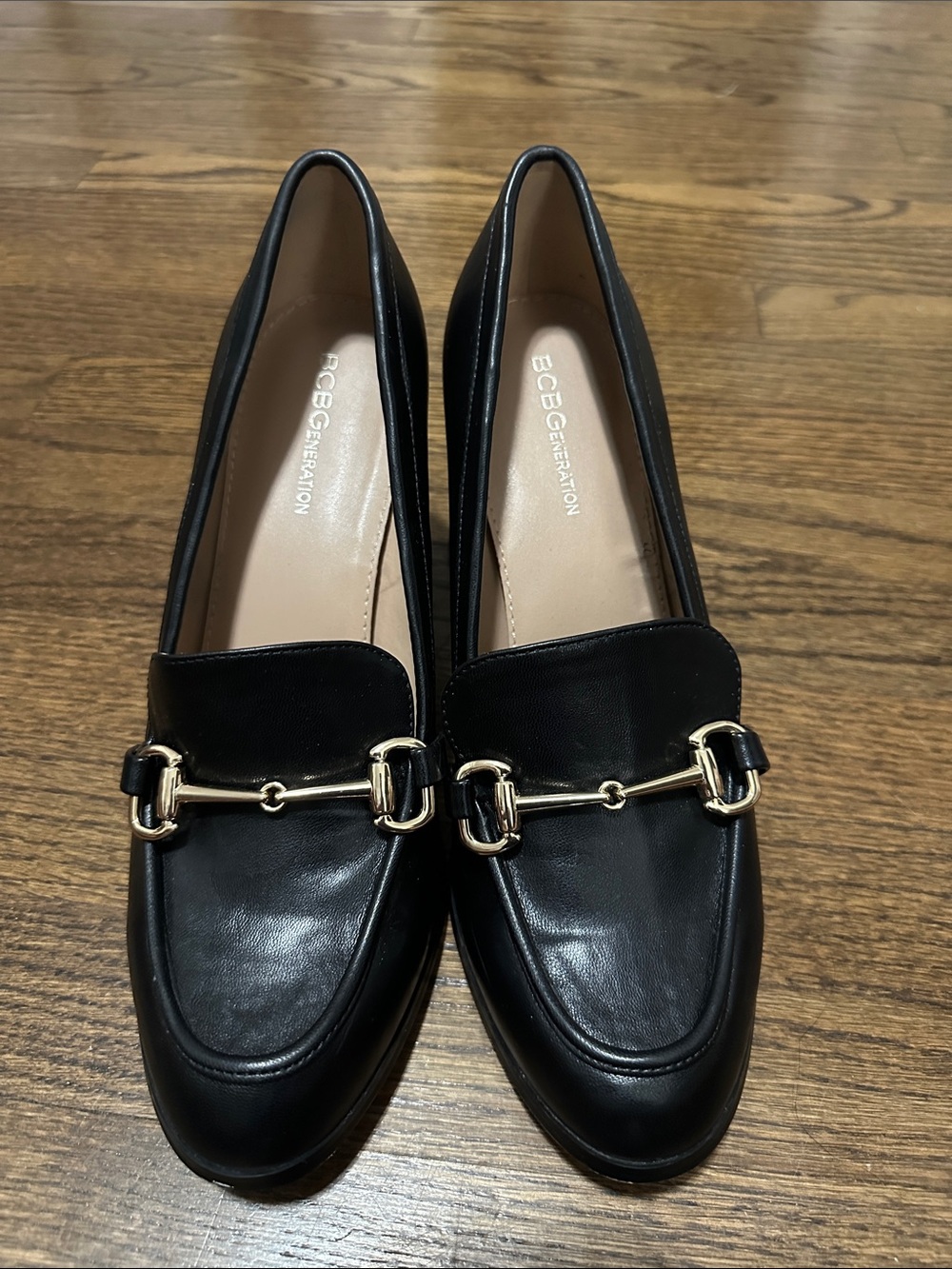 Black Block Heel Loafer Pumps with Gold Bit Detail